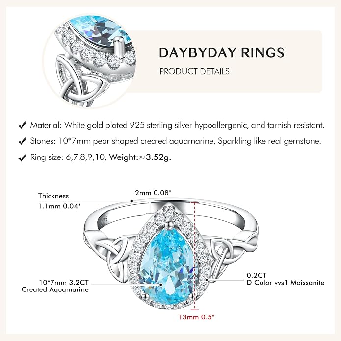 DAYBYDAY Celtic Birthstone Rings for Women 925 Sterling Silver Heart/Round/Pear/Oval Created Gemstone Moissanite Halo Engagement Promise Rings for Her Wife Birthday Anniversary Wedding Jewelry