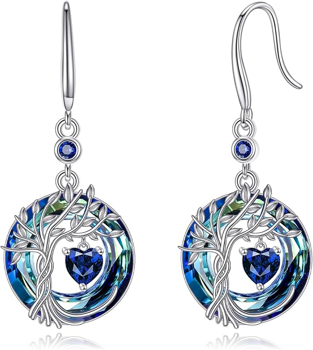 POPLYKE Tree of Life Birthstone Earrings 925 Sterling Silver Dainty Gemstone Birthstone Dangle Drop Earring with Crystal Fine Jewelry Birthday Gifts for Women Her