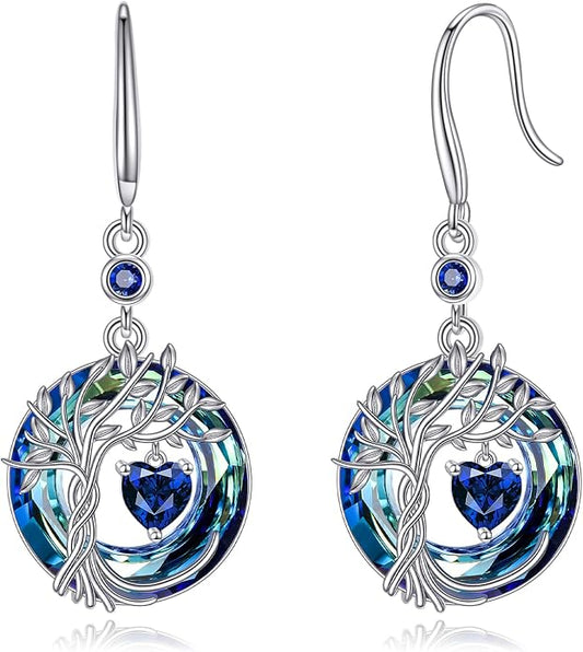 POPLYKE Tree of Life Birthstone Earrings 925 Sterling Silver Dainty Gemstone Birthstone Dangle Drop Earring with Crystal Fine Jewelry Birthday Gifts for Women Her