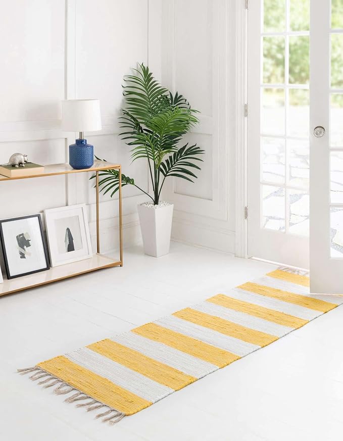 Unique Loom Chindi Rag Collection Area Rug - Striped (2' 2" x 10' Runner, Yellow and Ivory)