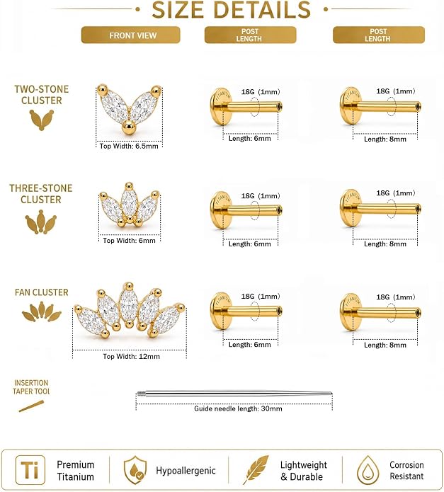 YACHY G23 Titanium Flat Back Stud Earrings, Internally Threaded Screw-On Hypoallergenic Body Piercing Jewelry for Everyday Wear, Tragus Helix Conch Monroe Medusa Lip, 18G 6mm 8mm