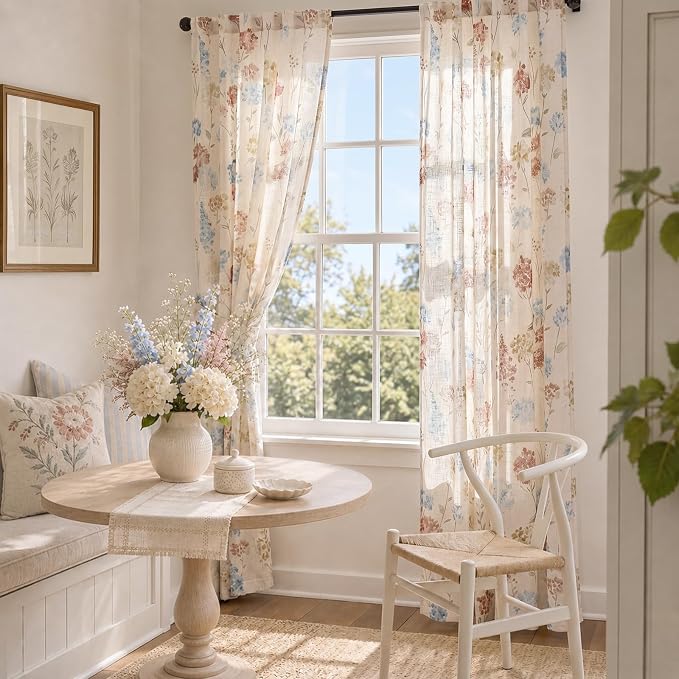 jinchan Floral Linen Curtains 84 Inch Vintage Cottagecore Back Tab 2 Panels | Light filtering drapes, semi sheer, farmhouse, botanical, watercolor, living room, bedroom, rod pocket, window treatment