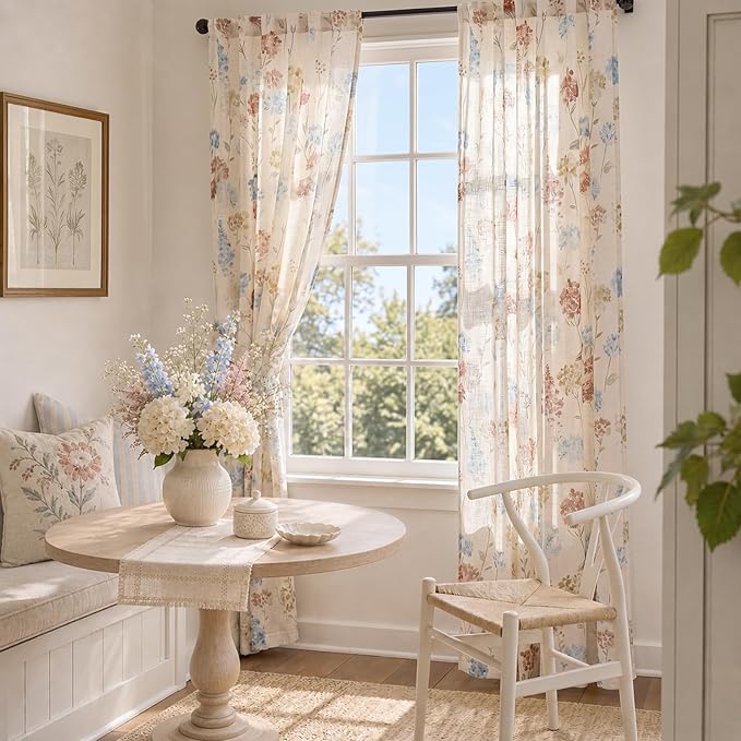 jinchan Floral Linen Curtains 96 Inch Vintage Cottagecore Back Tab 2 Panels | Light filtering drapes, semi sheer, farmhouse, botanical, watercolor, living room, bedroom, rod pocket, window treatment