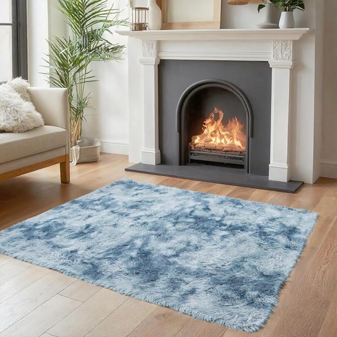 Fluffy Rug Shag Area Rug,Dark Blue Tie-Dyed 3x5 Area Rugs for Bedroom | Non-Slip Small Soft Bedside Rug for Entryway,Living Room and Home Office