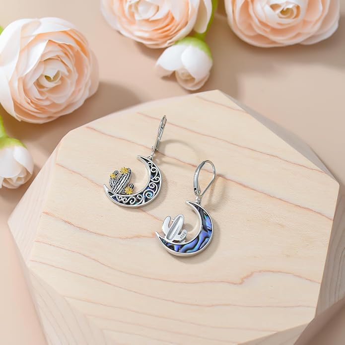 Cactus Earrings 925 Sterling Silver Abalone Shell Cactus Dangle Leverback Earrings Cactus Jewelry Gifts for Women