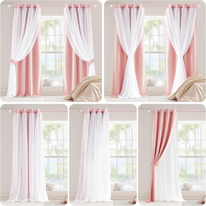 PONY DANCE Nursery Curtains Pink - Curtains for Bedroom Decor Aesthetic Cute Double Layer with Sheer Overlay Windows Covering, 52 x 84 inches, Rose Blush, 2 Panels