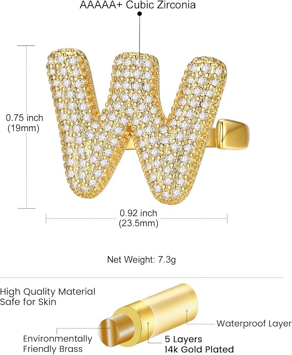 KeyStyle Bold Initial Letter Rings Adjustable, GoldChic Jewelry Women Gold Statement Ring Personalized Engraved Women’s Open Signet Ring for Party (Gold, White Gold, Black)