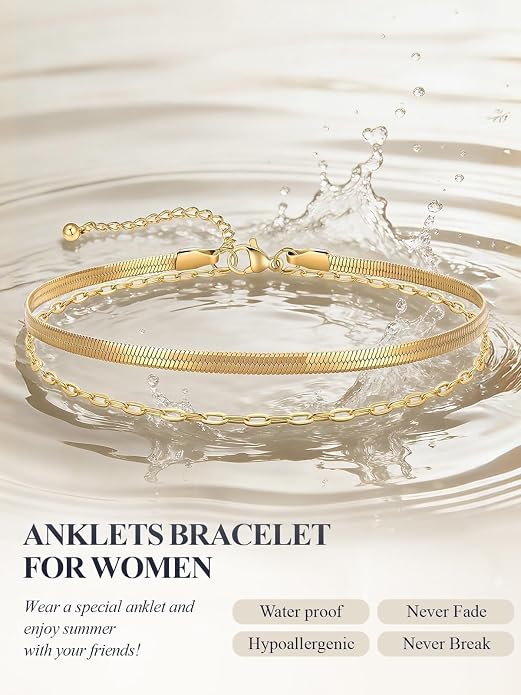 U7 Silver/Gold Ankle Bracelets for Women Layered Chain Anklets Stainless Steel Waterproof Summer Beach Anklet Cham, Adjustable 8.5"-10.5"