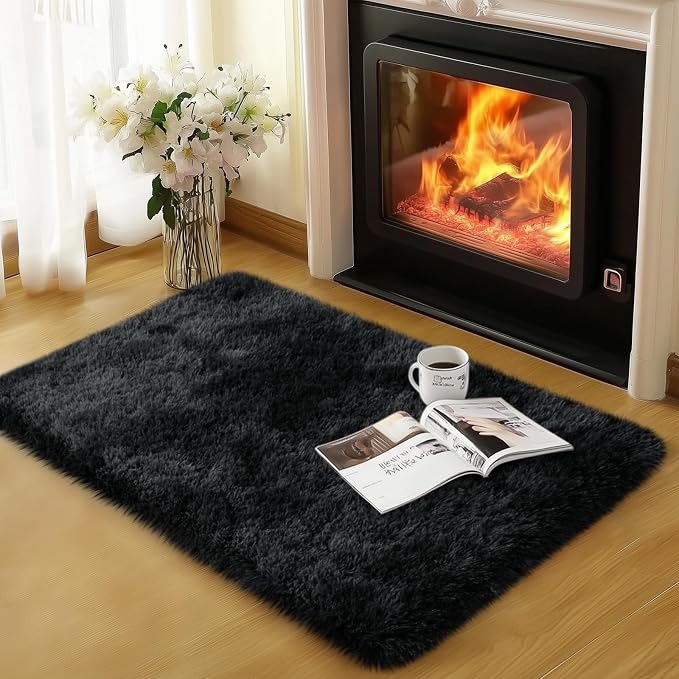 qulint 2x3 Rug for Bedroom, Fluffy Small Rug for Living Room, Black/Grey | Soft Shag Fuzzy Tie-dyed Black Gray Carpet, Shaggy Modern Alfombras for Kids Boys and Girls Dorm Classroom Decor
