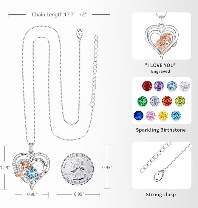 Birthstone Heart Necklaces for Women 925 Sterling Silver Fine Jewelry Rose Pendant Necklace Anniversary Birthday Mothers Day Gifts Her Wife Women Mom Daughter