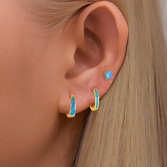 CiNily Opal Earrings Set for Women Hypoallergenic, Opal Stud Huggie Hoop Earrings Silver/Rose Gold Plated Dainty Hoop Huggie Silver Dangle Earring Stacks, Gold Jewelry