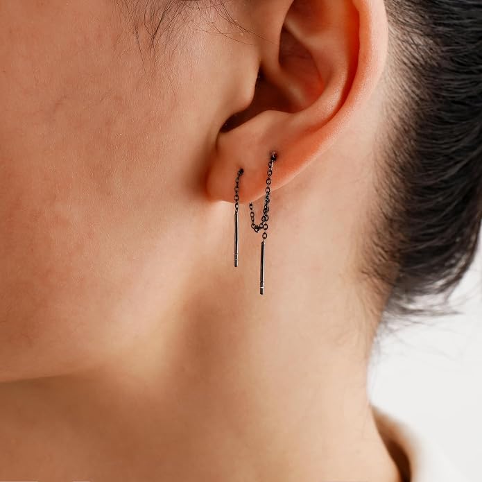 3 Pairs Threader Earrings 925 Sterling Silver Long Chain Earrings Bar/Ball Wrap Threader Drop Earrings for Women Lightweight Minimalist Mother's Day Jewelry Set
