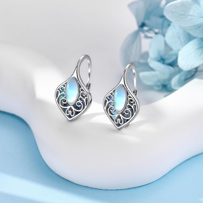 Moonstone Abalone Shell Earrings 925 Sterling Silver Dragonfly/Hummingbird/Butterfly/Lotus/Filigree Hoop Leverback Earrings Jewelry Gifts for Women
