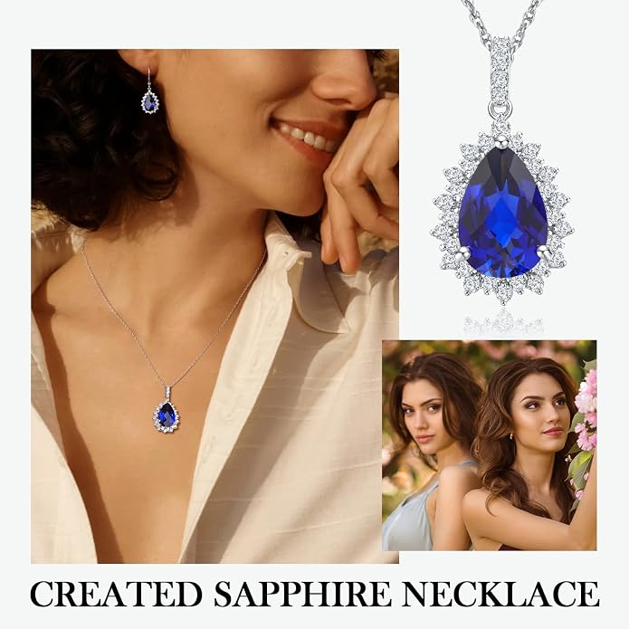 925 Sterling Silver Teardrop Necklace for Women Huge Created Gemstone Solitaire Halo Pendant Pear Cut Birthstone Necklace