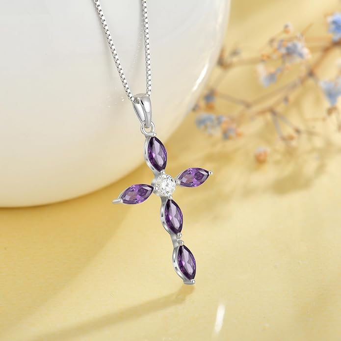 JO WISDOM Cross Necklace for Women,925 Sterling Silver Birthstone Necklaces Cubic Zirconia Cross Pendant Necklace Dainty Jewelry Gifts