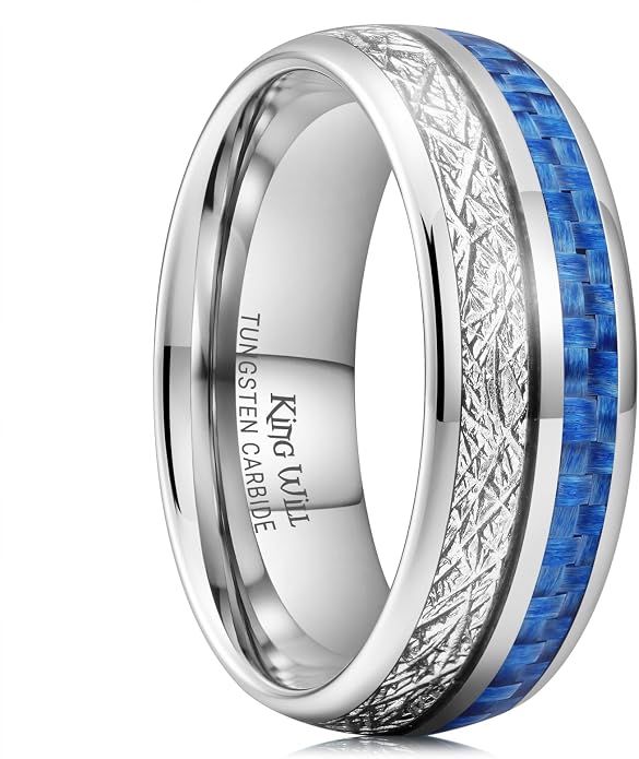 King Will Tungsten Rings for Men Meteorite Carbon Fiber Wood Inlay Mens Wedding Engagement Band Domed Polished