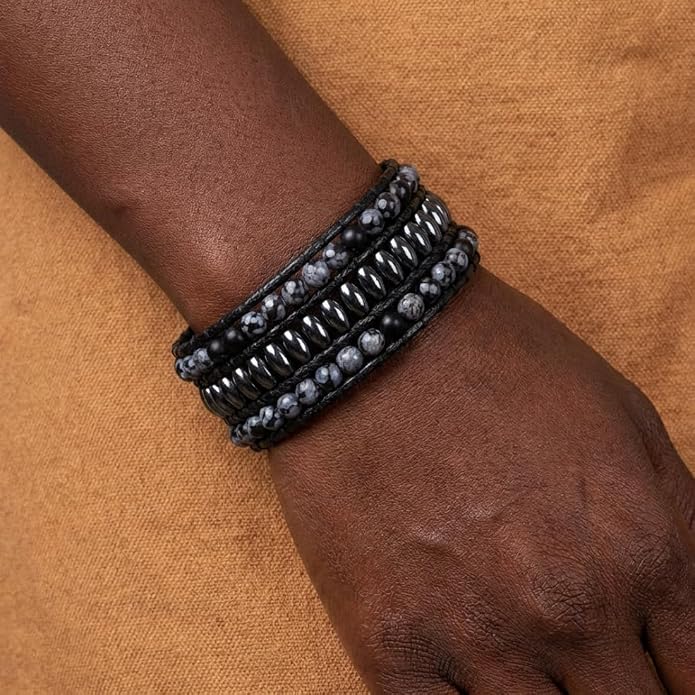 YGLINE Boho Handmade Natural Stone Bead 3 Row Wide Wrap Wrist Statment Bracelet Jewelry Collection