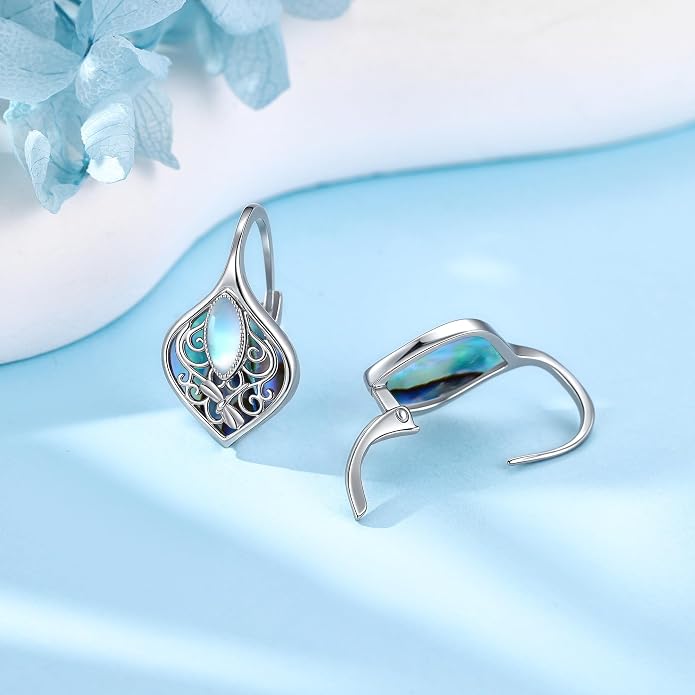 Moonstone Abalone Shell Earrings 925 Sterling Silver Dragonfly/Hummingbird/Butterfly/Lotus/Filigree Hoop Leverback Earrings Jewelry Gifts for Women