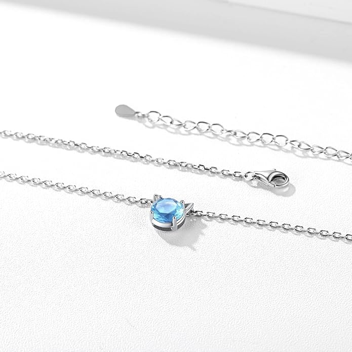 ChicSilver Bow and Cat Birthstone Necklace, 925 Sterling Silver Pendant Necklaces for Women, Hypoallergenic Silver Choker with 16 inch Rolo Chain, 12 Months Jewelry for Valentines Mothers Day Christmas