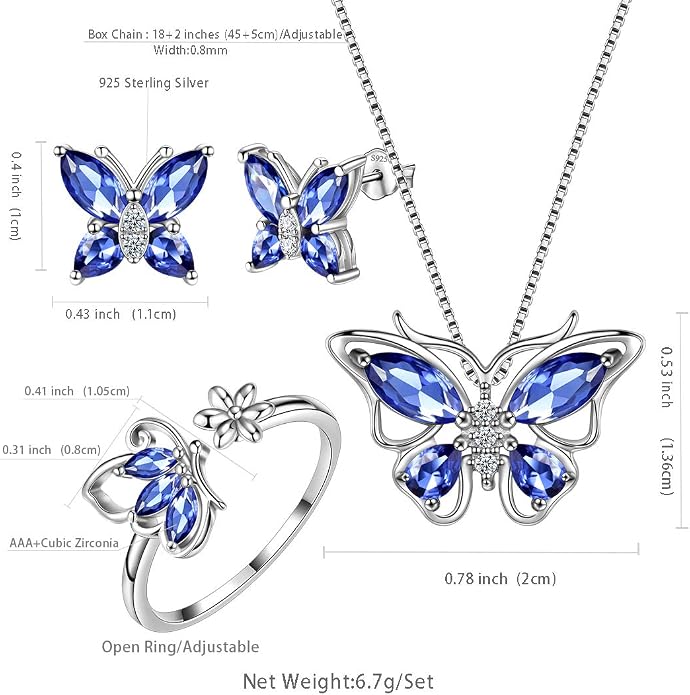 Aurora Tears Butterfly Jewelry,Women 925 Sterling Silver Butterflies Birthstone Pendant Necklace/Earrings/Rings Wedding Gift