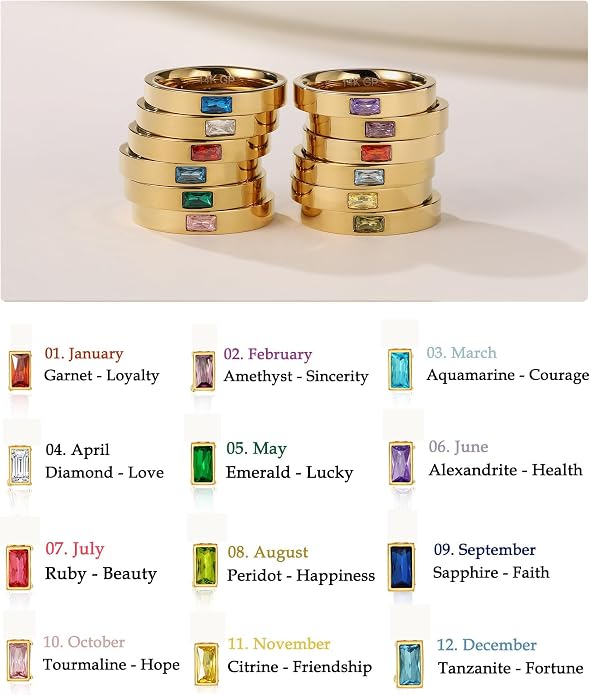 Birthstone Rings for Women 14K Gold Plated Stackable Band Non Tarnish Gold Rings Hypoallergenic Anniversary Mother's Day Christmas Gift for Her