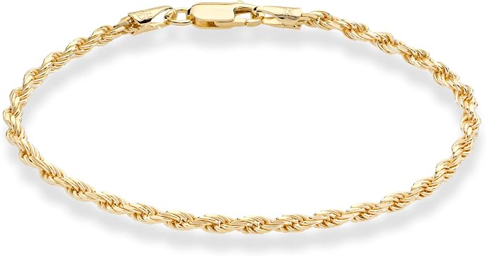 Miabella 18K Gold Plated 925 Sterling Silver Italian 2mm, 3mm Diamond-Cut Braided Rope Chain Anklet Ankle Bracelet for Women, 925 Made in Italy