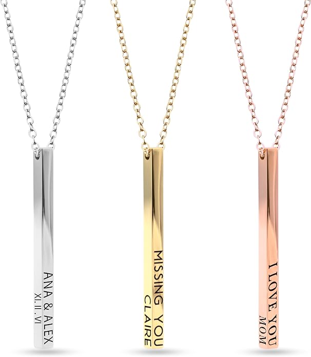 MignonandMignon 4 Sided Engraved Bar Necklace Personalized | Coordinates Name Necklace for Women Gold Silver | Custom Engraved Pendant Mom Gift Mothers Day Birthday