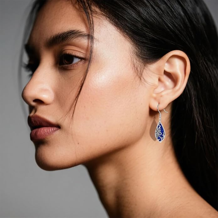 Silver Earrings for Women Sterling Silver Filigree Earrings Teardrop Dangle Drop Filigree Bohemia Jewelry Gift for Women Mother Mom