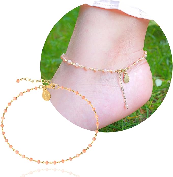 Dainty Gemstone Anklet for Women – 10 Inch Adjustable Anklet with 1 Inch Extender, Gold or Silver Plated Foot Jewelry, Minimalist Boho Style Gift