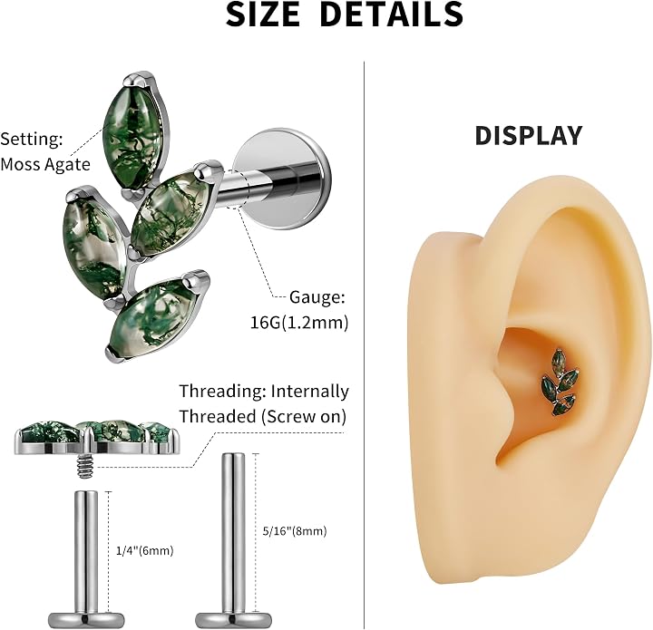 FINE4U 16G Moss Agate Body Piercing Jewelry for Helix Flat Tragus Lobe 16G 6mm 8mm - ASTM F136 Titanium Screw on Flat Back Stud, Hypoallergenic Cartilage Earring