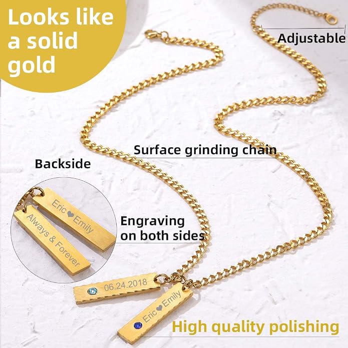 GOLDCHIC JEWELRY Personalized Birthstone Name Necklaces for Men Women, Engraved Family Names Necklace with Birthstone Vertical Bar Necklace, Pendant for Husband/Father/Grandma/Wife Birthday Gifts