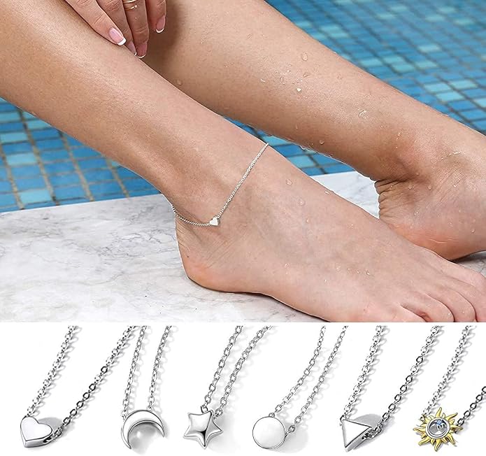 ChicSilver Personalized 925 Sterling Silver Tiny Heart/Moon/Star/Sun/Dot/Triangle Anklets Simple Dainty Foot Jewelry for Women, Silver/Gold Plated/Rose Gold Plated