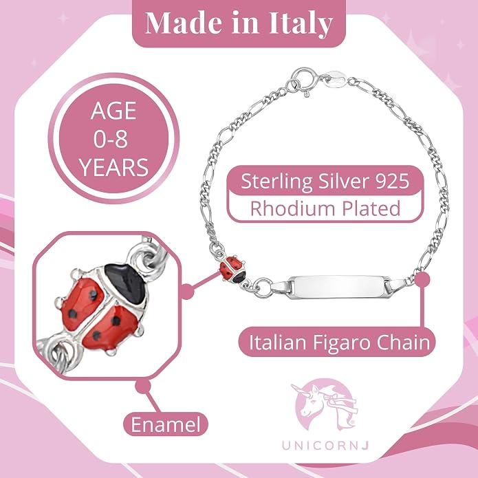 UNICORNJ 925 Italy Sterling Silver Child or Baby Name Bracelet Girls Boys, Personalized Engraved Kids ID Bracelets, 6.5" Figaro Chain, Enamel Charm Newborn Infant Toddler Kid Jewelry