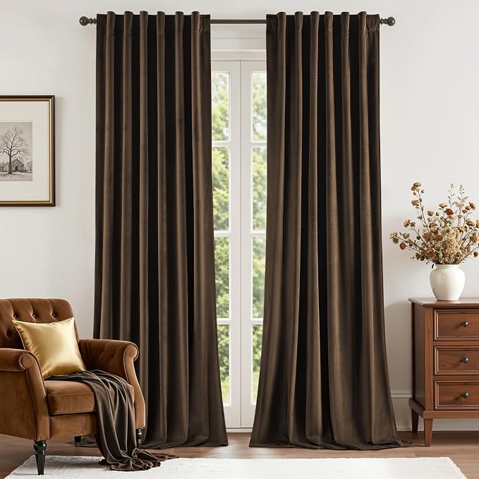 HOMEIDEAS 100% Blackout Brown Velvet Curtains, Thermal Noise Reduction Soft Luxury Vintage Christmas Velvet Curtains for Bedroom Decor, Living Room, Home, 52 X 84 Inch, 2 Panels