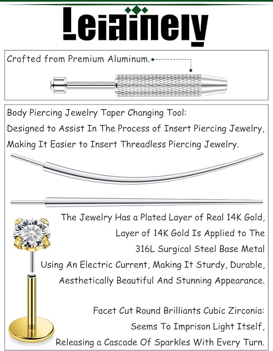 20/18/16g Gold Flat Back Threadless Earrings Nose Rings Lip Studs Surgical Steel Piercing Jewelry for Women Men