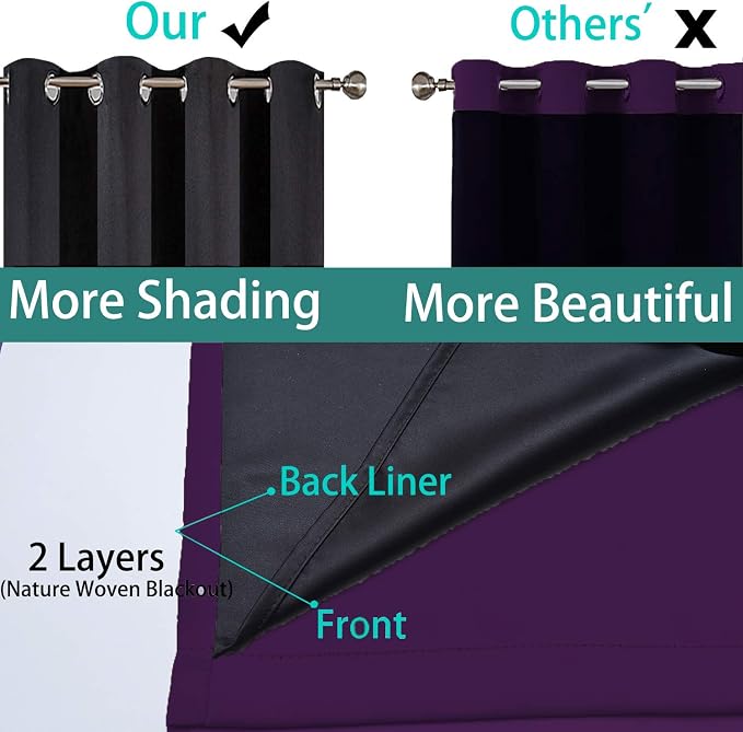 Yakamok Purple 100% Blackout Patio Door Curtain Panels W100 x L96,1 Panel | Noise Reducing Barrier Panel for Sliding Glass Door, 2 Thick Layers Heat Full Light Blocking Patio Door Drapery