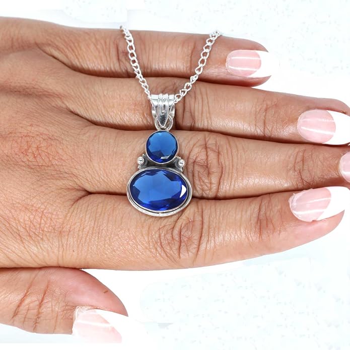 Handmade Genuine 925 Sterling Silver Pendant Necklace Natural Gemstone Crystal, Lapis, Onyx, Amber Oval Round Boho Jewelry For Women