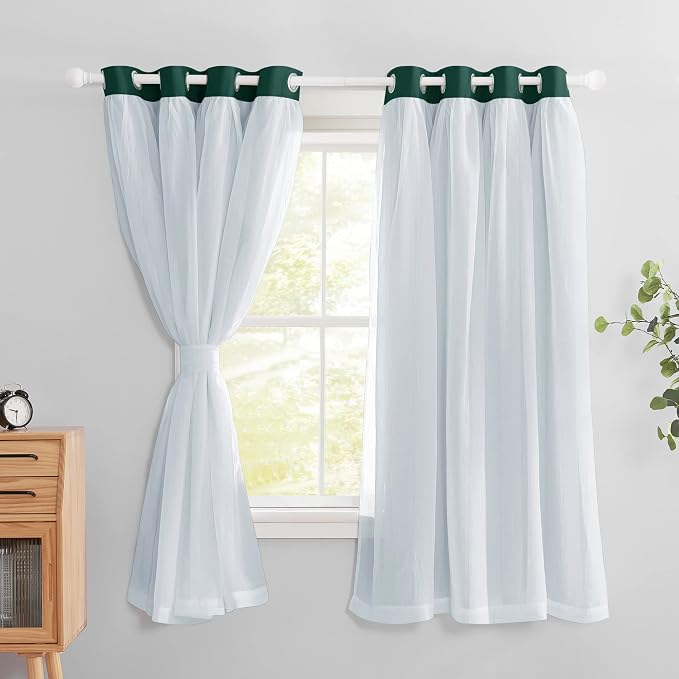 PONY DANCE Bedroom Curtains Blackout - Sheer Drapes Crushed with Grommet Top Treatments Decoration for Short Windows, 52 x 63 in, Hunter Green, 2 Panels
