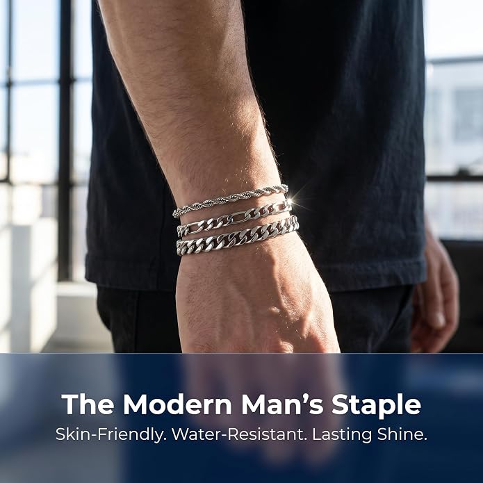 6 Pcs Silver/Gold Bracelets for Men, Cuban Link Chain Stainless Steel Bracelet Stack Metal Figaro Rope Black Bracelet Set Mens Fashion Accessories Jewelry Set for Men Dad Husband Son 7.5/8.3/9 Inches