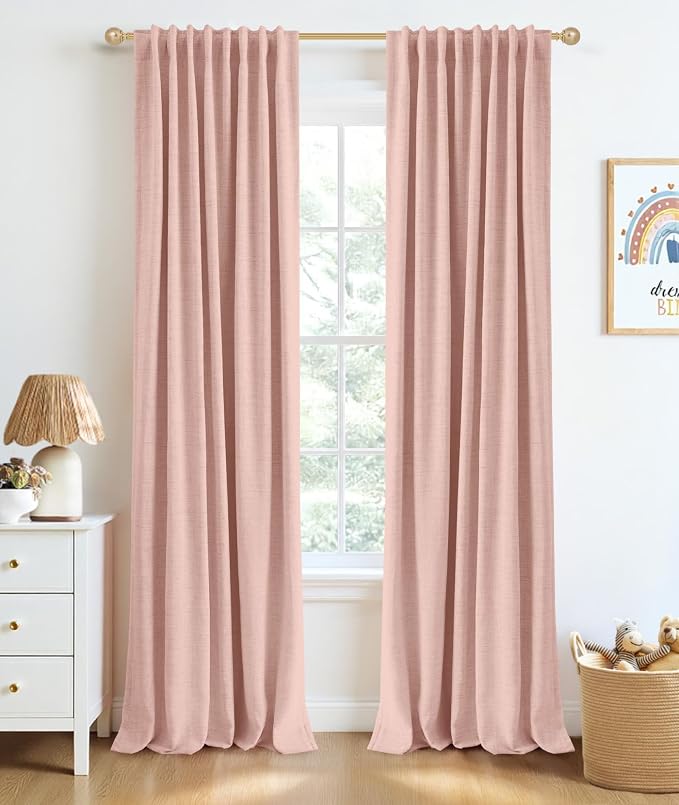INOVADAY 100% Blackout Curtains 90 Inches Length 2 Panels Set, Back Tab/Rod Pocket Linen Black Out Curtains for Bedroom, Thermal Insulated Window Drapes - Blush Pink, W50 X L90