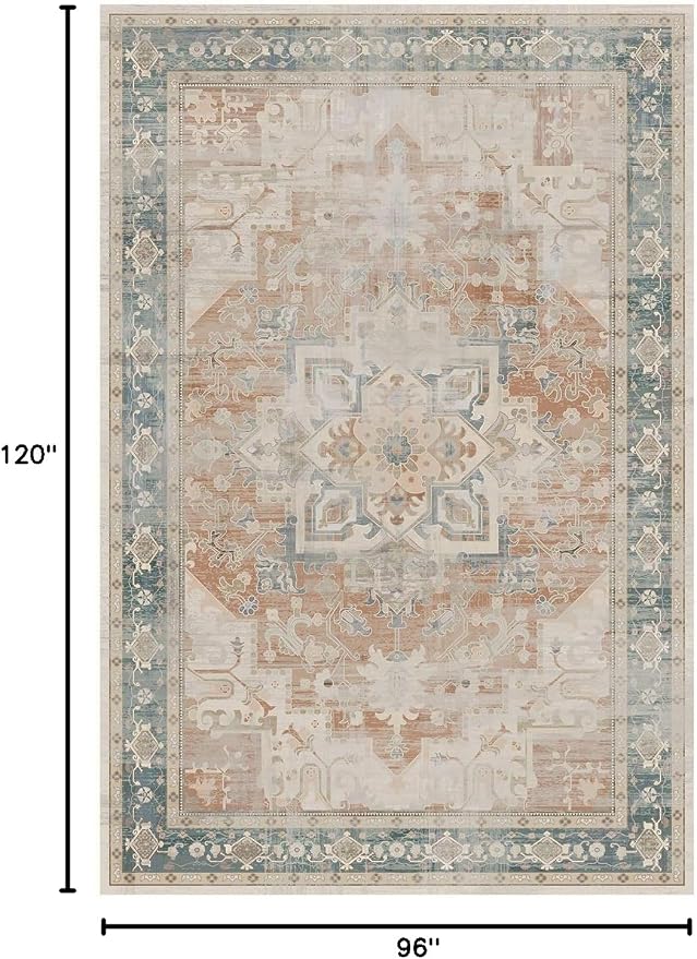 Rugxara 8X10 Orange Boho Rug,Large Washable Area Rugs for Living Room, Neutral Vintage for Office, Dining Room, Kids Room, Farmhouse, Low Pile Non Slip Carpet for High Traffic Areas, Coral