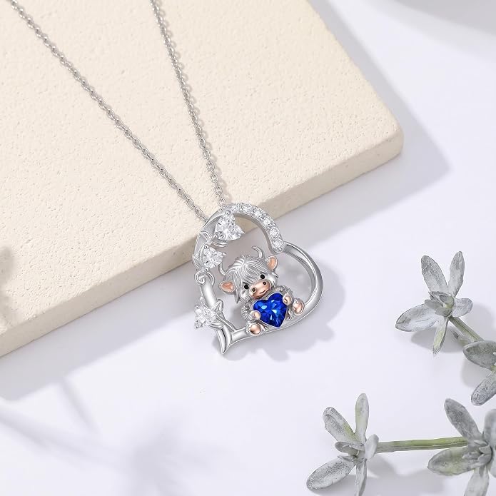 PELOVNY Teddy Bear Necklace for Women 925 Sterling Silver Bear/Highland Cow/Fox/Cat/Axolotl Birthstone Necklace Christmas Birthday Jewelry Gifts for Mom Daughter Wife Sister