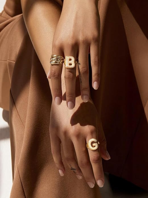 FindChic Initial Ring for Women, Gold Plated Chunky Letter Rings Open Adjustable Trendy Sparkling Cubic Zirconia Personalized Statement Rings Jewelry Gift