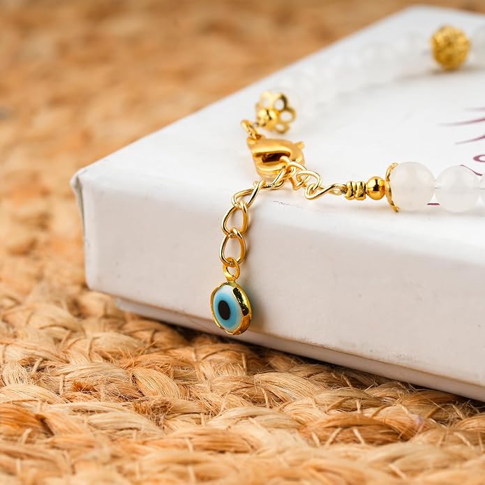 AAA Grade Natural Gemstone Beaded Bracelet, 14K Gold Plated with Evil Charm, Wicca & Reiki Healing Crystals, Handmade Bohemian Jewelry, Christmas Gift for Women (7+1inch)