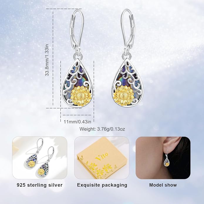Vito 925 Sterling Silver Teardrop Earrings for Women, Moonstone Turquoise Drop Dangle Earrings Cat Snake Turtle Tree of Life Leverback Earrings Boho Jewelry Gift for Mom Wife
