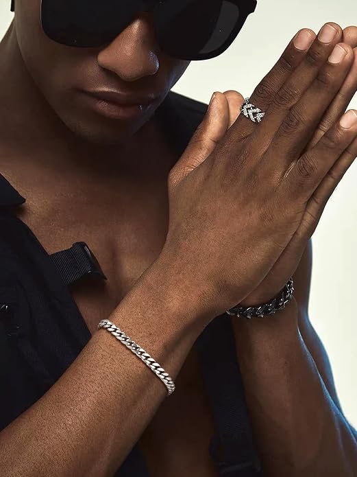U7 Link Bracelets for Men, Cuban Link/Rope/Watch Band Solid Bracelet, Silver Black Gold Color Wrist Bracelet 3/6/9/12/15mm Width, 6.5/7.5/8.3 Inch Length, Hand Chain Jewelry for Mens Women