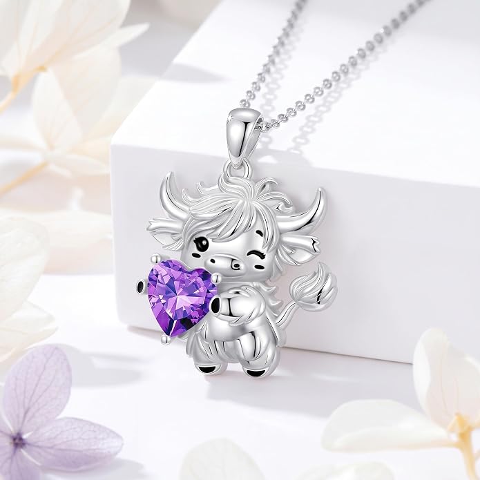 PELOVNY Teddy Bear Necklace for Women 925 Sterling Silver Bear/Highland Cow/Fox/Cat/Axolotl Birthstone Necklace Christmas Birthday Jewelry Gifts for Mom Daughter Wife Sister
