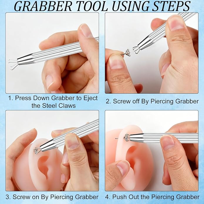 ONESING 2Pcs Piercing Ball Grabber Tool for Changing Jewelry, Stianless Steel Flat Back Earring Applicator Internally Threaded Push Pin Piercing Grabber Tool, Anti Slip 4 Claw Gem Ball Grabber Tool