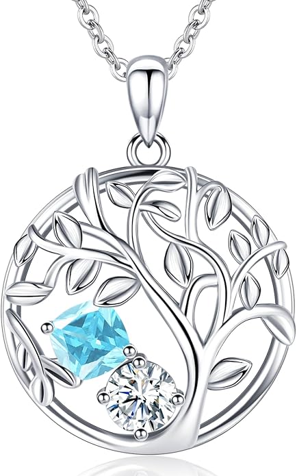 Tree of Life Birthstone Necklace for Women 925 Sterling Silver Birthstone Pendant 12 Months Necklaces with Zircon Birthday Gifts for Women, Mom, Grandma Cable Chain 18"+2"