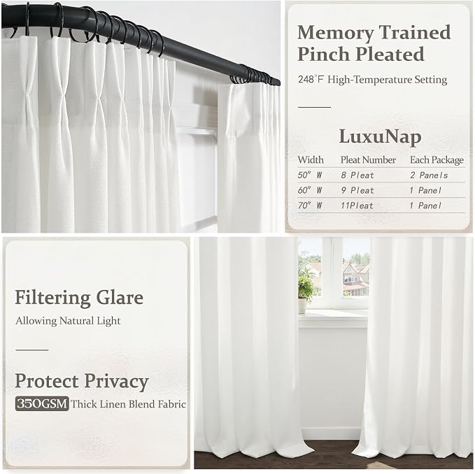 Extra Long Pinch Pleat Semi Sheer Curtains 108 Inches Long for Bedroom, Snow White Memory Trained Natural Linen High Ceiling Window Drapes Light Filtering Privacy Modern Curtain 9FT Length Panels of 2